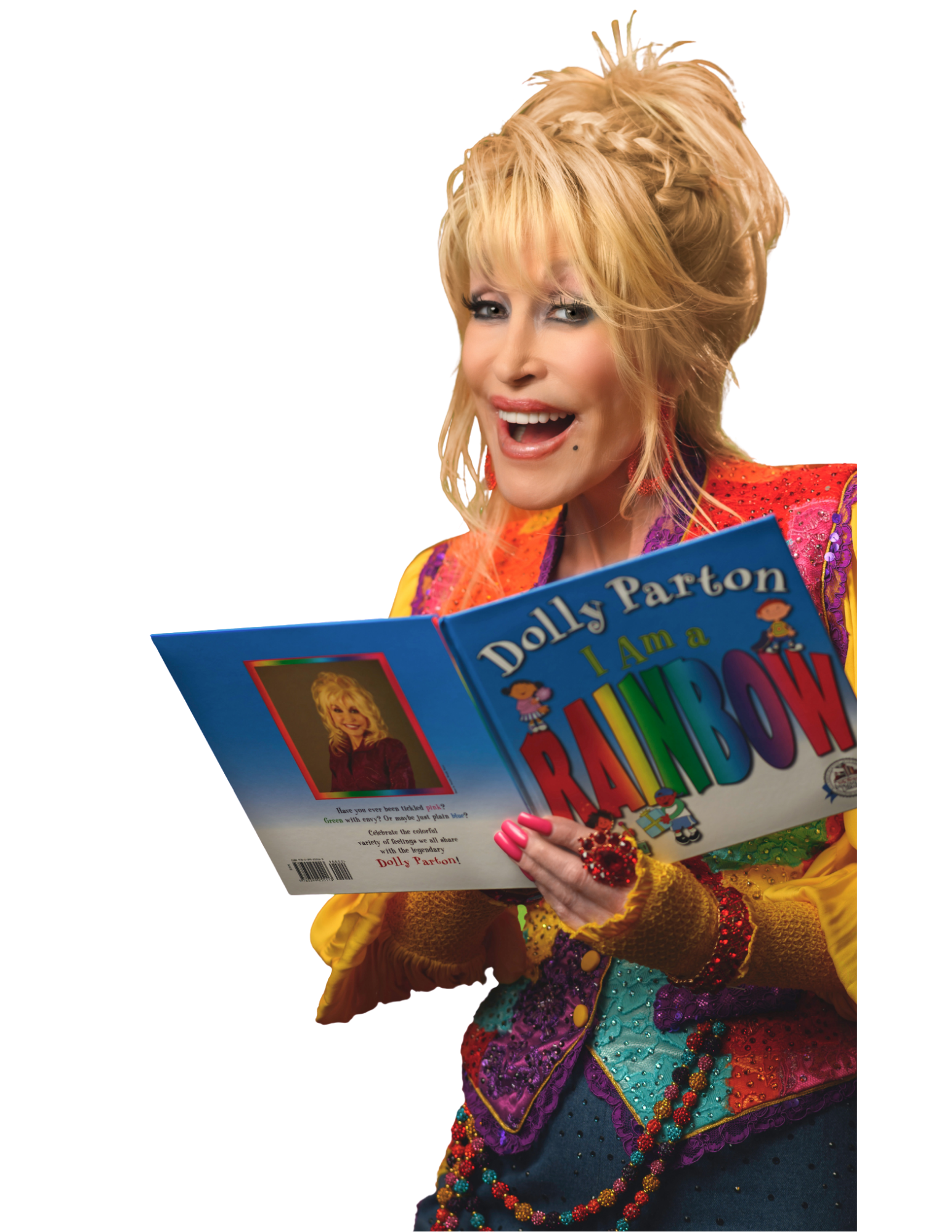 Dolly Parton holding I Am a Rainbow